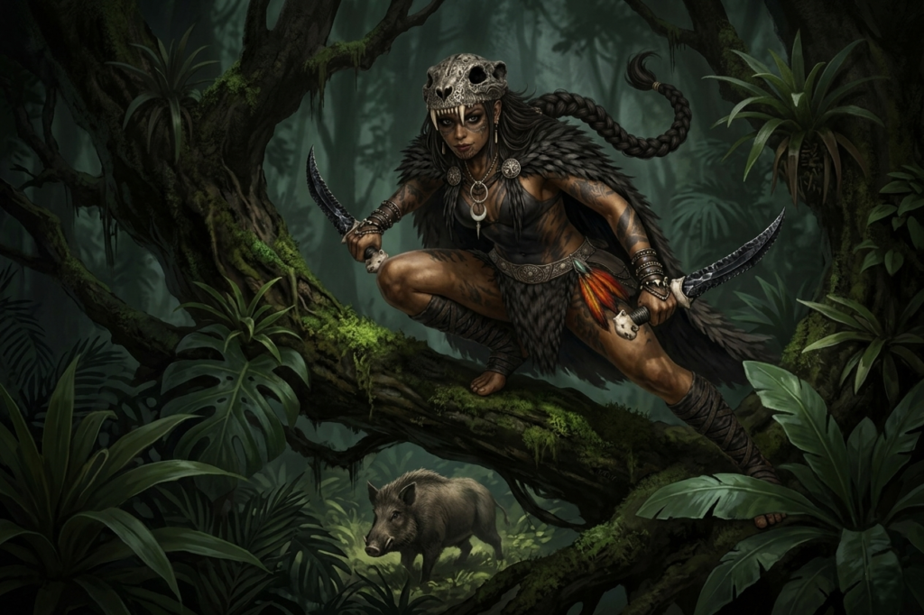 Why is she hunting a wild boar with daggers?